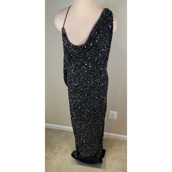 Retrofete Celine Sequin Asymmetrical Shoulder Draped Black Maxi Dress Size L - Picture 3 of 9